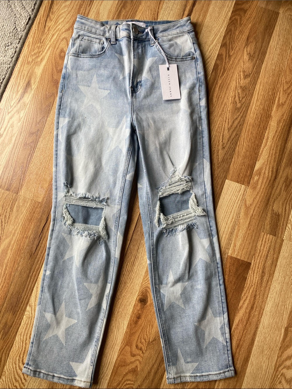 Star-Print Distressed High-Rise Jeans - Light Blue Risen. NWT